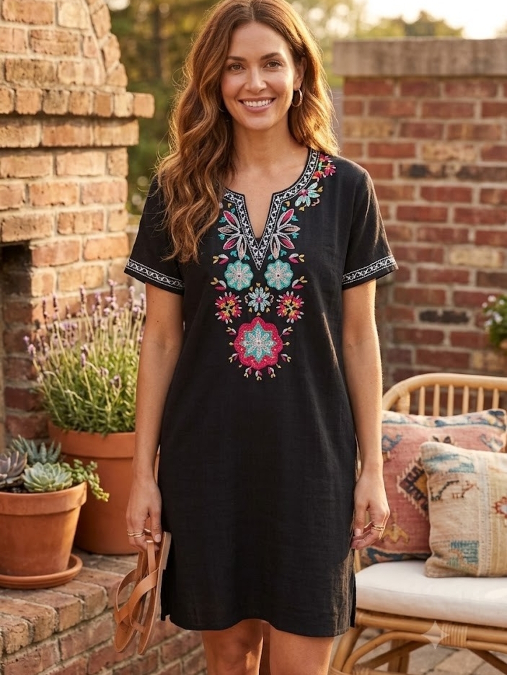 THML Black Tunic Dress with Pink and Teal Embroidered Floral Motif